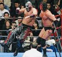 The Great Muta about to connect on a bloody Mike Awesome in the corner. #GreatMuta #KeijiMuto #MikeAwesome #prowrestling