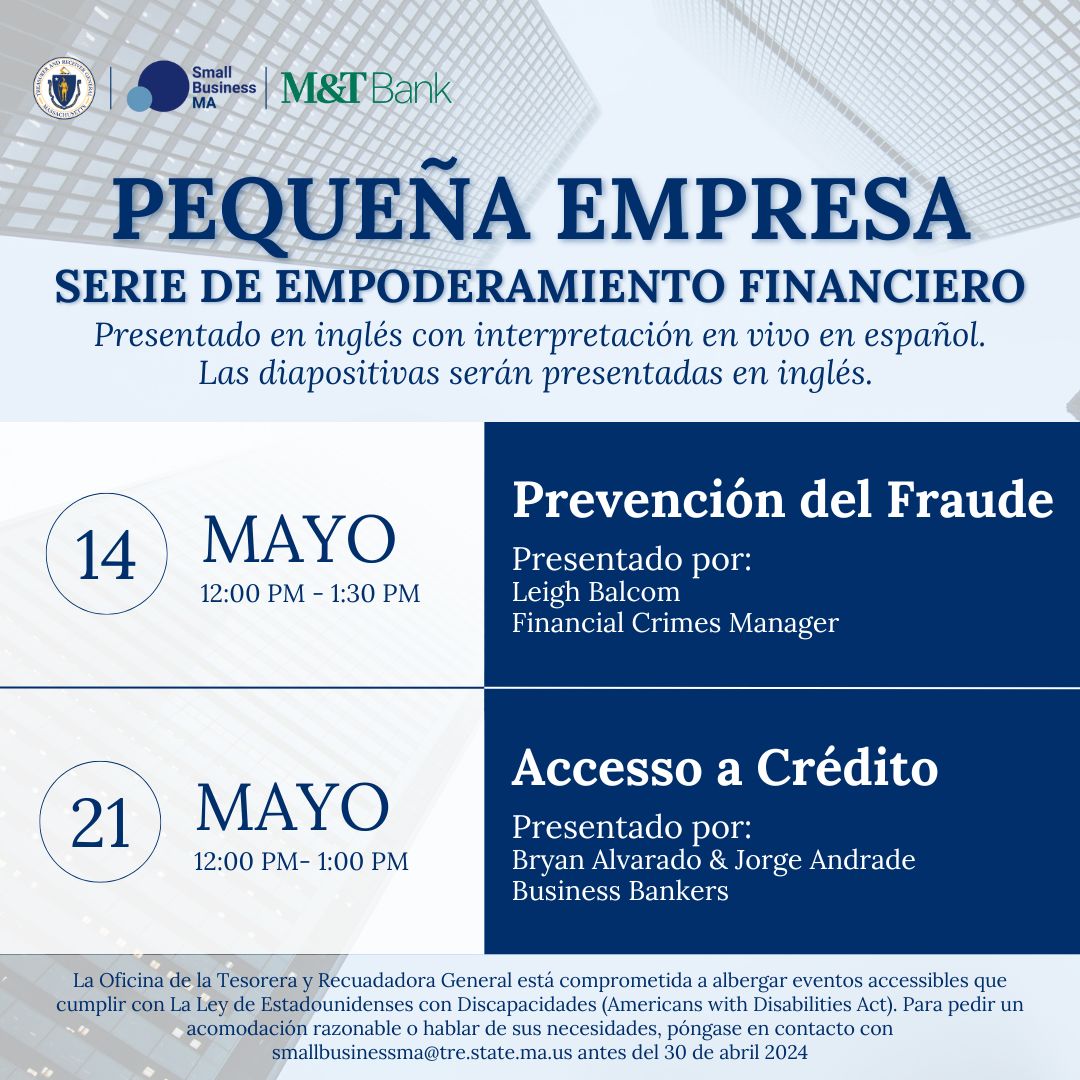 Join us and @MandT_Bank on May 14th and/or May 21st to learn about small business fraud prevention and access to credit. The webinar will be presented in English with live interpretation in Spanish.