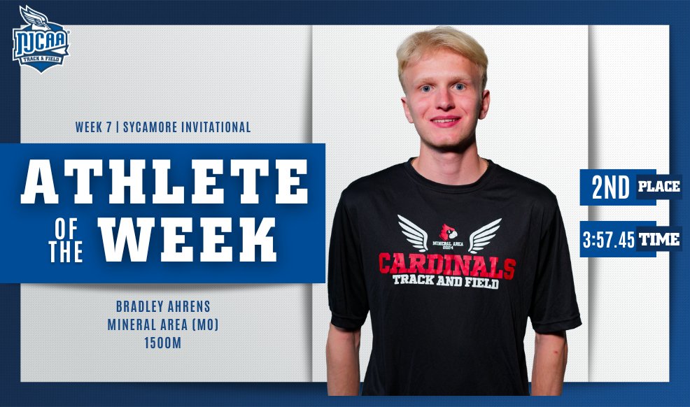 🚨 Dominating the Field! @MAC_Cards Bradley Ahrens is the #NJCAATF DIII Men's Outdoor Athlete of the Week! Ahrens won the Sycamore Invitational 800m and picked up a second-place finish in the 1500. The sophomore was the top NJCAA finisher in both events. #NJCAAPOTW