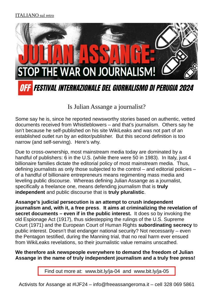 Is Julian #Assange a jounalist ?
This is the  flyer that we recently distributed to the public of the @journalismfest #ijf24
Stop war on journalism !
#FreeAssangeNOW #DropTheCharges #WPFD2024
@Stella_Assange @DefendAssange @FreeAssangeNews @DefenseAssange @Aus4Assange