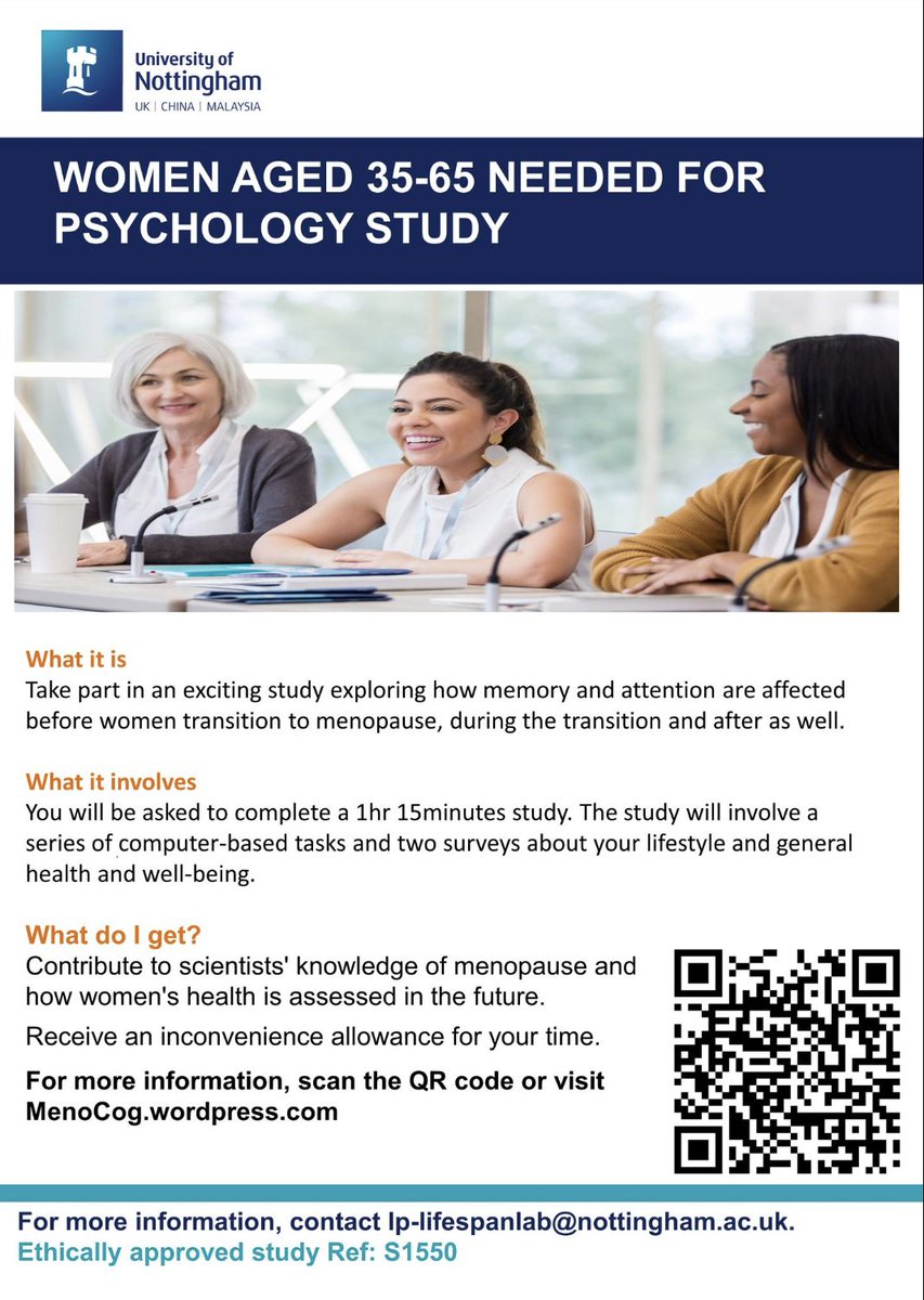 Prerita Chawla, PhD researcher at U of Nottingham. Looking at Brain changes during Menopause and specifically at changes in Memory/Attention that happen during Menopause. Further details e-mail: lp-lifespanlab@nottingham.ac.uk @MenoCog #menopauseresearch