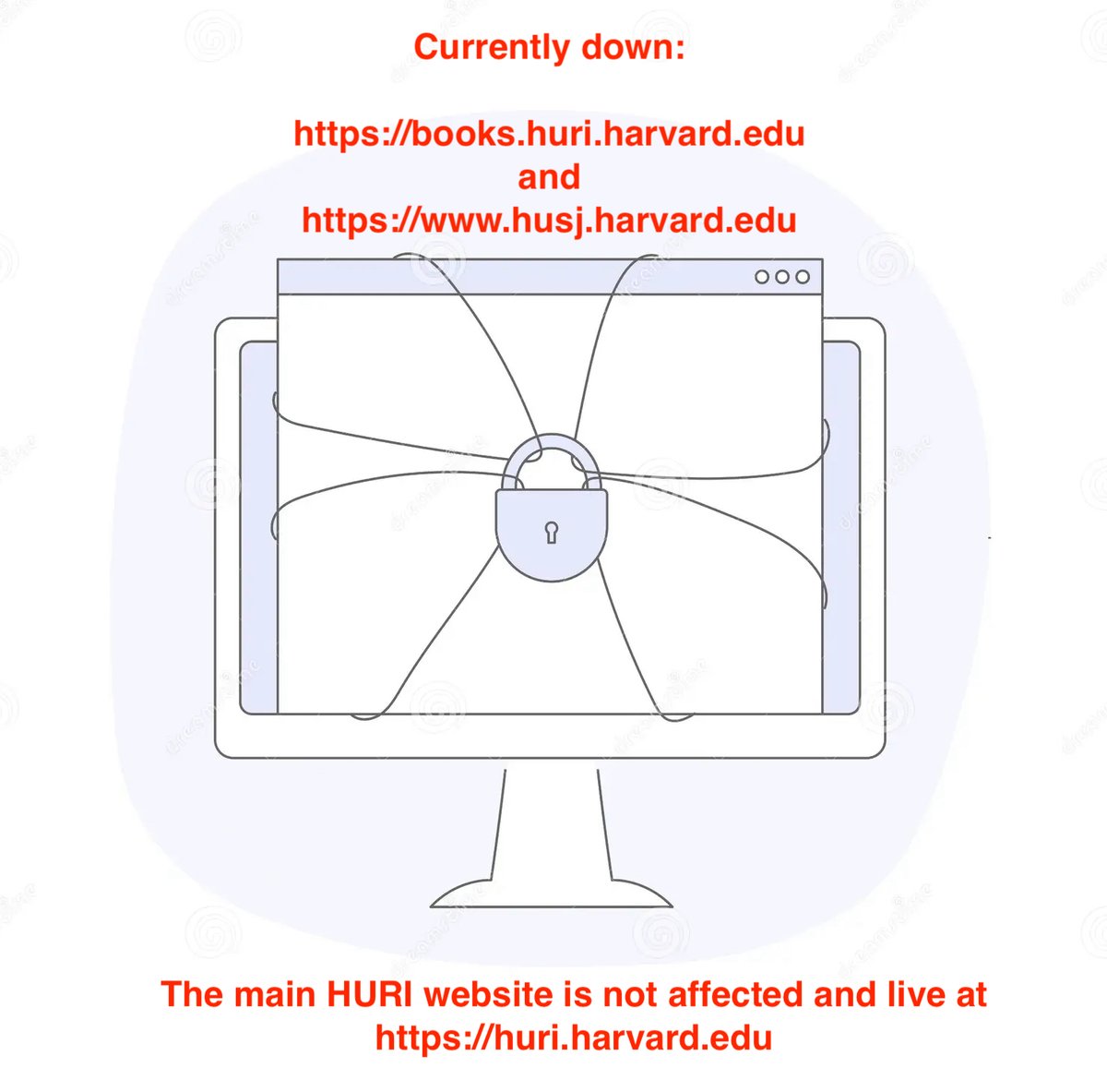 Our websites for #HURIbooks and the #HarvardUkrainianStudies journal are down due to a hacking attempt until further notice. Our understanding is that a possible breach has been contained. The main @HURI_Harvard website was not affected by this. Please bear with us as we work…