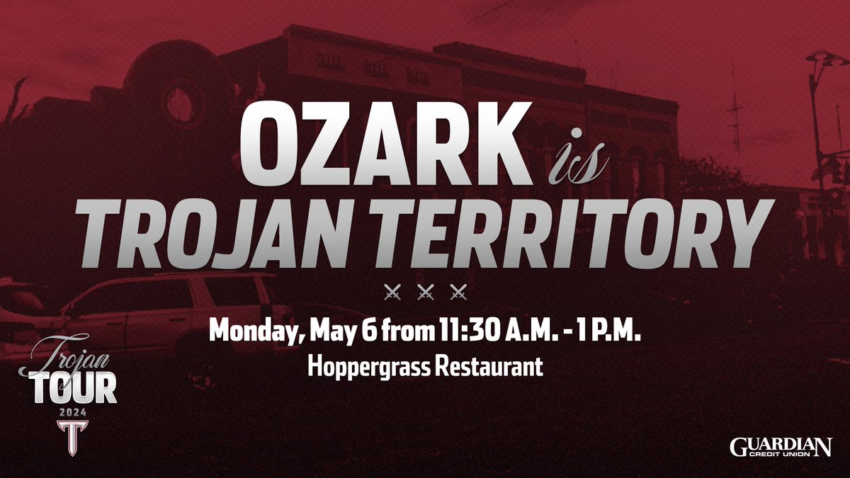 ⚔️𝙊𝙕𝘼𝙍𝙆 𝙄𝙎 𝙏𝙍𝙊𝙅𝘼𝙉 𝙏𝙀𝙍𝙍𝙊𝙍𝙄𝙏𝙔⚔️ The 2024 Trojan Tour is underway! Join Chanda Rigby, Scott Cross, and Gerad Parker at Hoppergrass Restaurant in Ozark, on Monday, May 6 at 11:30 a.m. #OneTROY⚔️