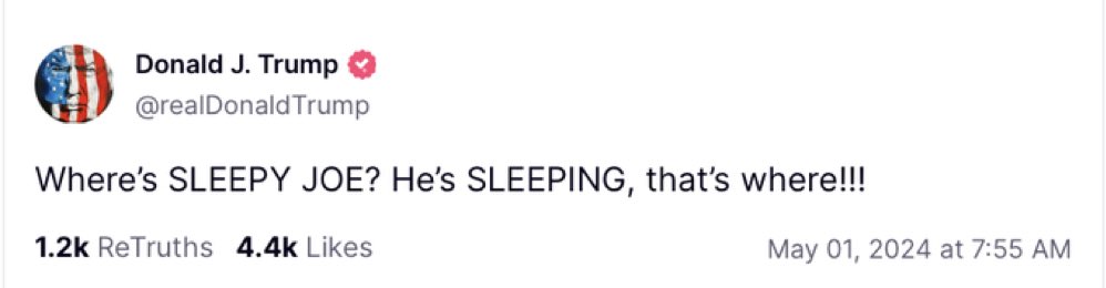 America in the year 2024. Two old men competing to be president arguing about who is sleepier. Unfortunately for Trump, he is losing that argument since he falls asleep in court everyday. We could’ve done a lot better than this.