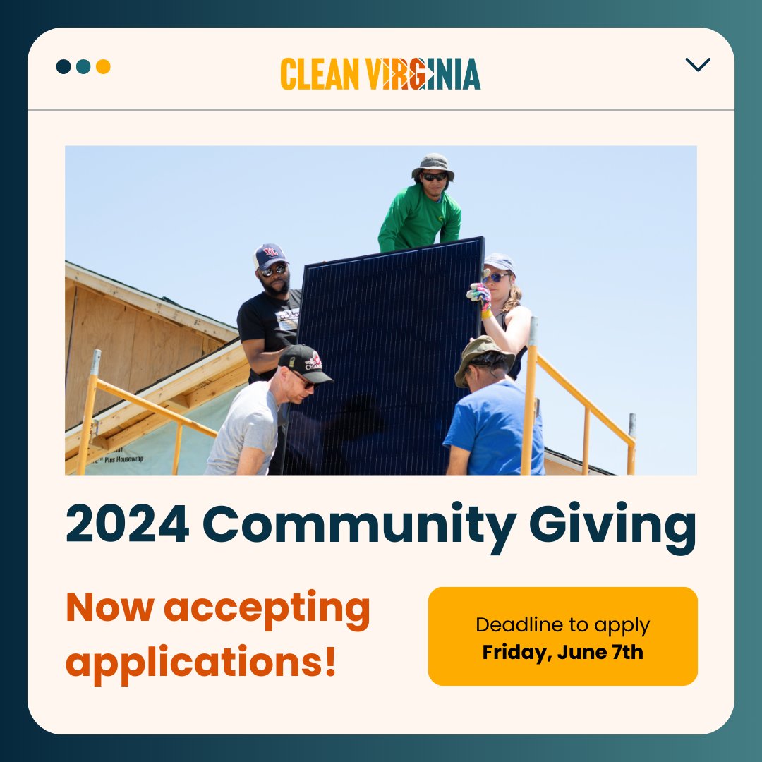 The 2024 Clean Virginia Community Giving cycle is officially open! We’re now accepting applications for grant funding to support efforts to advance clean government and clean, affordable energy. The deadline to submit is Friday, June 7th. Learn more about the eligibility
