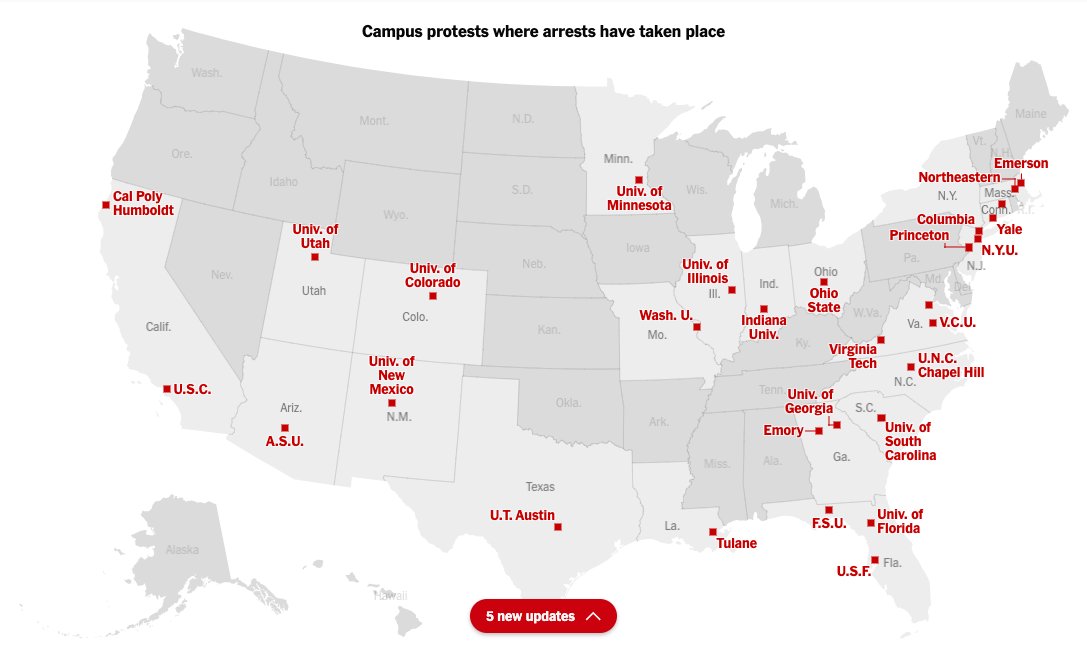 Who are the protestors arrested on U.S. campuses? Hard to gather # s online, but here's some info I found: * Columbia & CUNY: 282 arrests, unknown # students * Cal Poly Humboldt: 32 arrests (on one night, not total), 13 being students, 1 faculty * Tulane: 14 arrests, 2 being