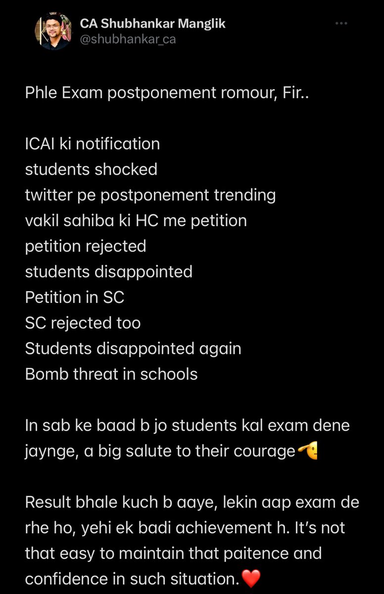 Either you Pass or Fail, but your courage to give the exams in such situations will always be appreciated.👏

My respect increased multiple times for you now.

Feel free to reach out to me, if getting nervous at this time.

Wish you all the best. ❤️

#caexams #castudents #icai