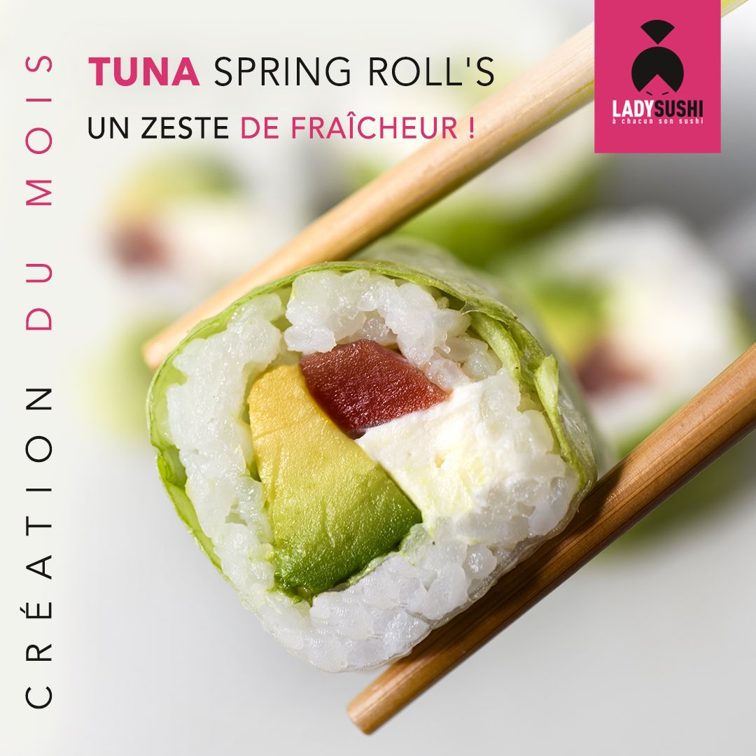 ☀️ Tuna #SpringRoll’s 💚 

Le #printemps s’invite dans notre nouvelle #création 🌱 

Une composition #savoureuse et unique à base de #thon frais, d’#avocat crémeux, de #fromage et d’un zeste de #citron vert 😋 

-

lady-sushi.fr