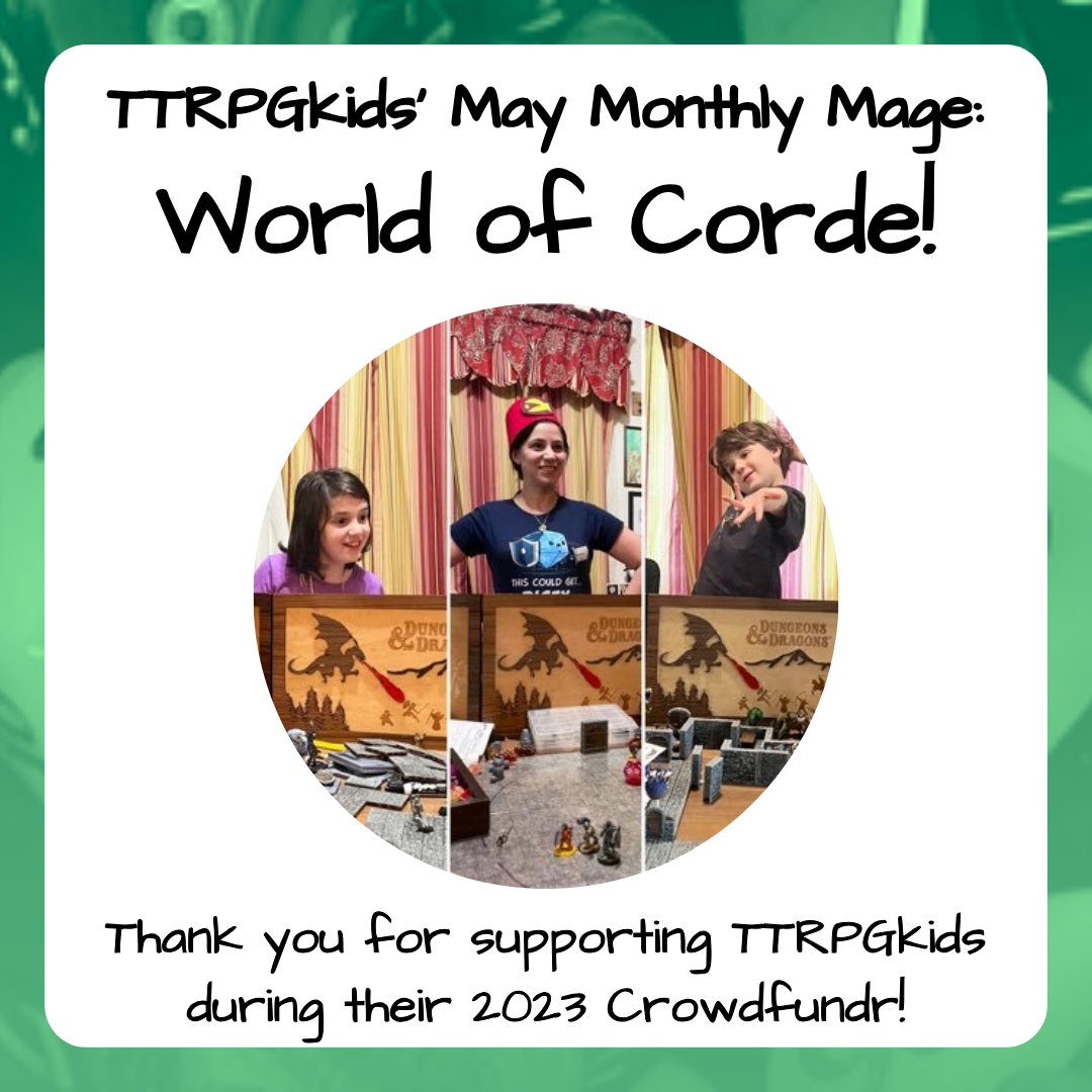 Thank you to @WorldofCorde, this month's TTRPGkids Monthly Mage!

World of Corde is a family who plays TTRPGs together and highlights their awesome experiences so others can see how cool playing TTRPGs with your kids can be!

(see more in 🧵)

#TTRPGkids #DnDkids