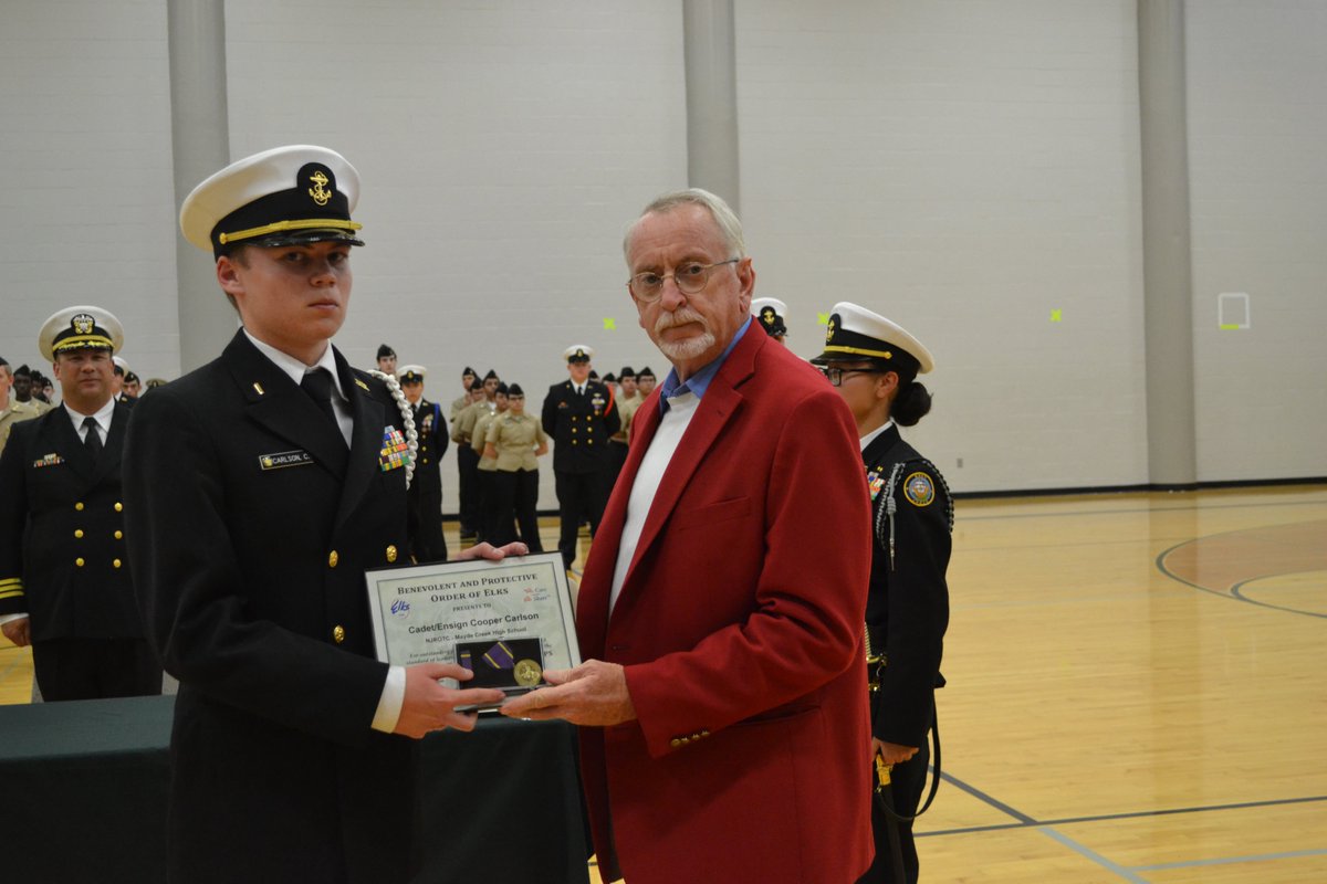 Cadet Carlson, C. (SLHS) received the Elks Lodge JROTC Award for Excellence from Elks Lodge Post 2628 at the 2024 NJROTC Change of Command & End-of-Year Awards Ceremony.