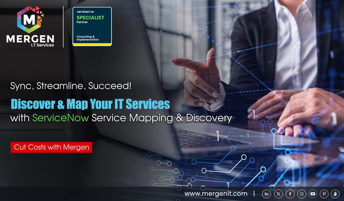 Unlock a new era of #ITservicemanagement with #ServiceNow’s #ServiceMapping and Discovery, enhanced by #Mergenitllc’s expertise. Achieve seamless integration, real-time insights & a resilient #IT infrastructure that aligns with your business goals. Partner with us!  #ITSM