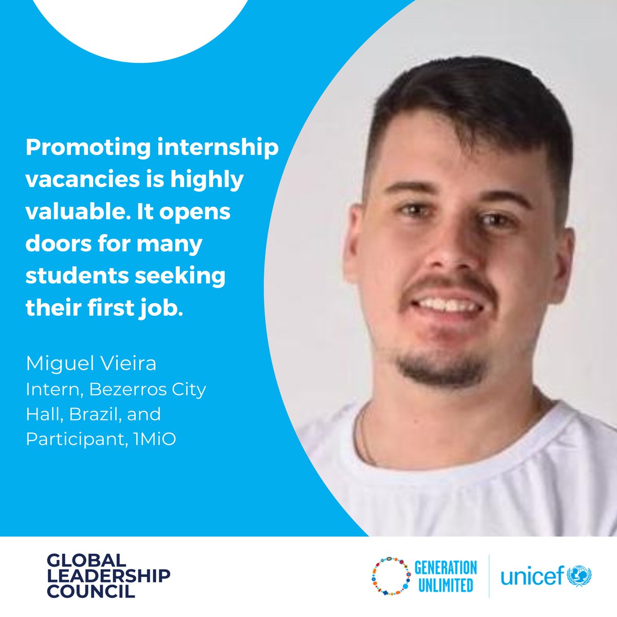 Miguel secured his first internship through #1MiO, paving his professional journey. 'I'm developing professionally and learning teamwork.' 1MiO creates opportunities for education, digital skills, & work for youth. Together, @UNICEFBrasil + @GenUnlimited_ drive this initiative.
