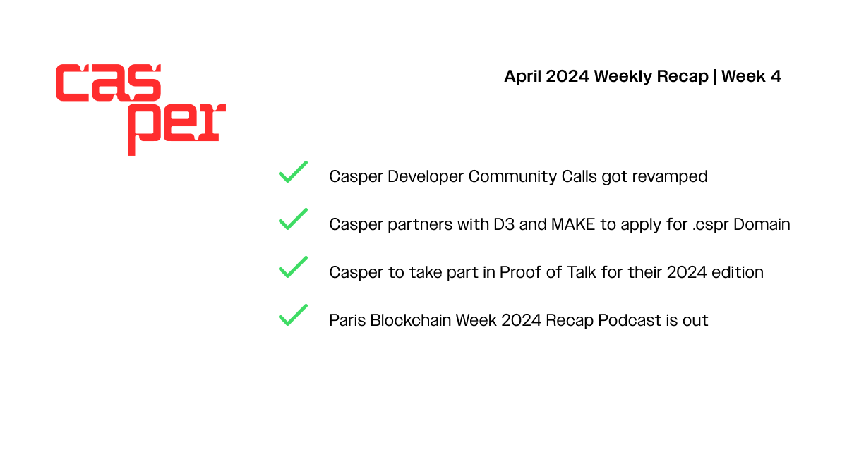 📅 April 2024 - Highlights of the Week 4: ▪️ Developer Community Calls revamped for better engagement – recap coming soon! ▪️ Casper teams up with @WeAreTeamMAKE and @D3incto to pursue the .cspr Domain – learn more: t.ly/LZNnq ▪️ Catch #Casper at @proofoftalk 2024…