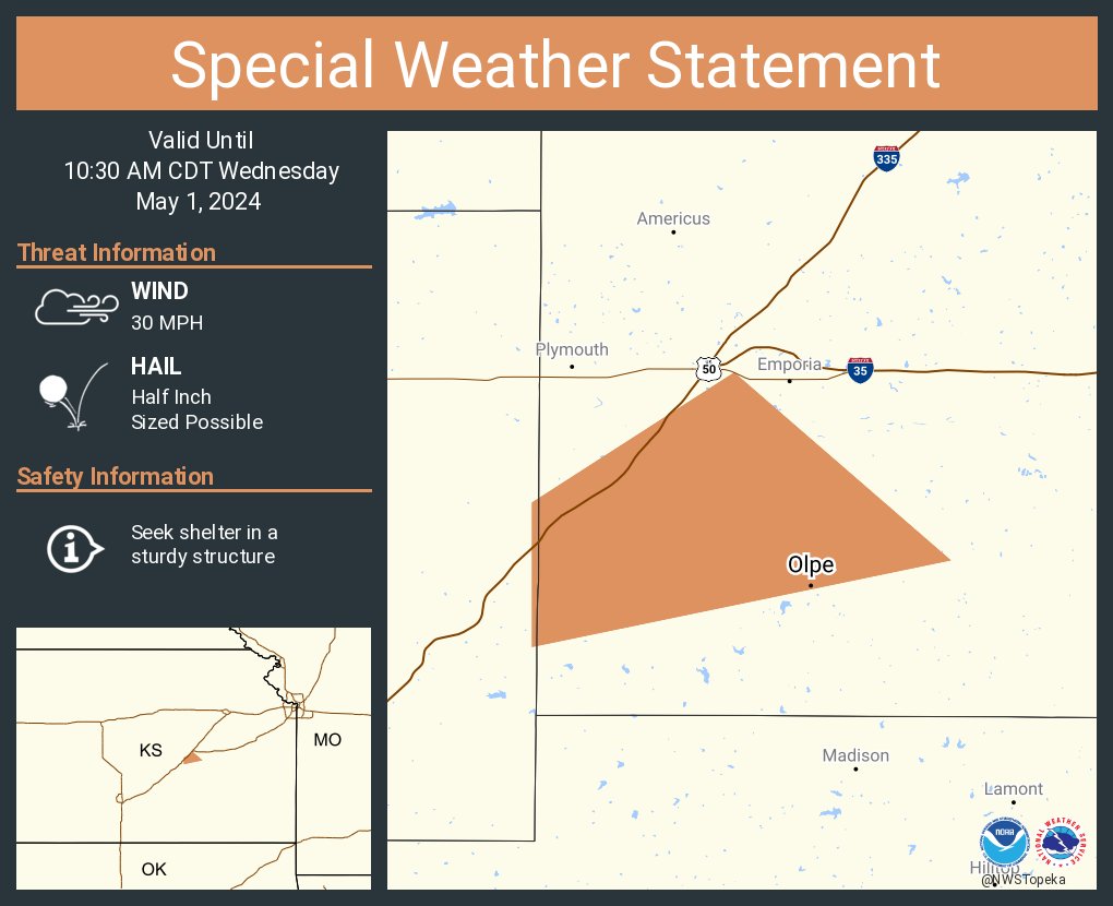 A special weather statement has been issued for Olpe KS until 10:30 AM CDT
