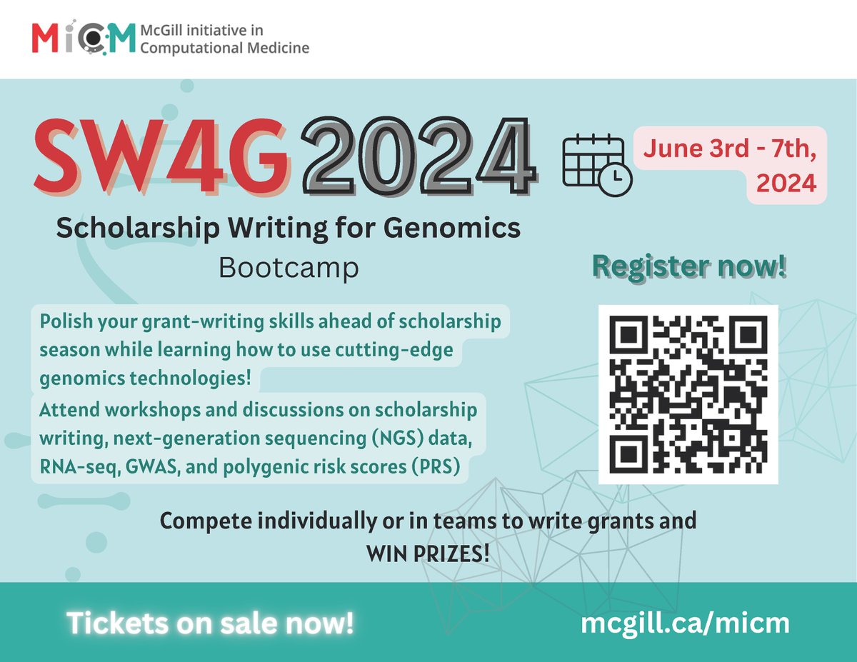 📢Registration is now open for the McGill initiative in Computational Medicine's Scholarship Writing for Genomics Bootcamp!!! See the poster for details. #McGillUniversity #McGillScience #McGillEvents