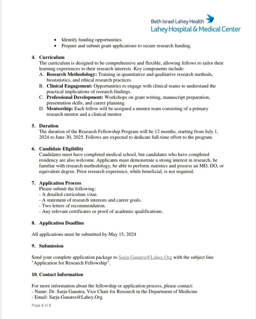 Excited to announce Healthcare Delivery Research Fellowship @LaheyResearch @LaheyHospital : Call for Applications ⏳️1 year, Start July 1, 2024 🎯 Healthcare Delivery & Clinical Outcomes research with focus on Social & Environmental Determinants of Health 🏛Work with our new