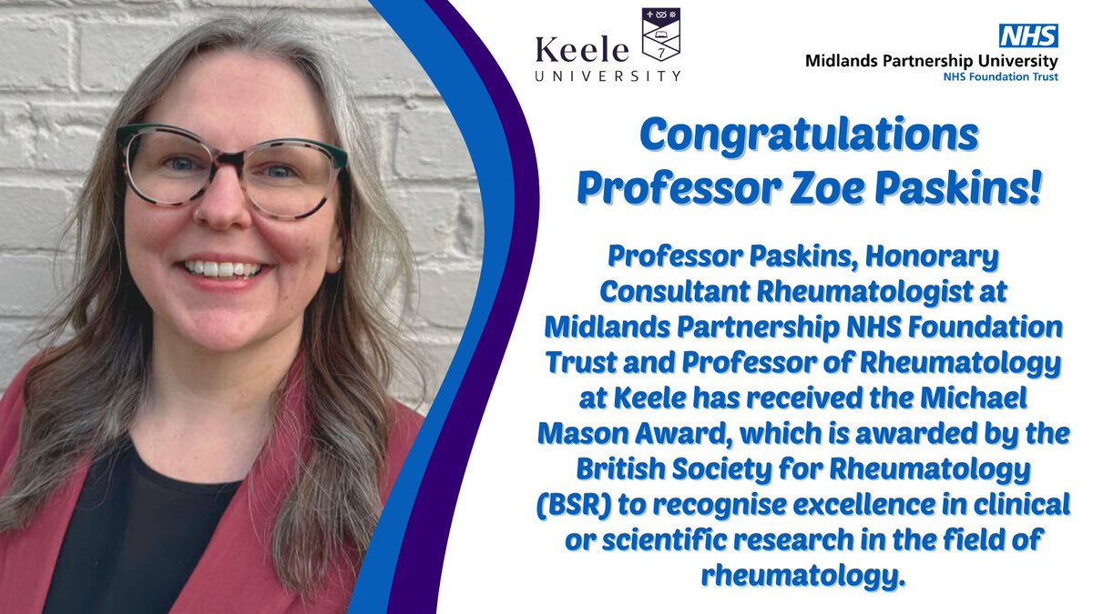 Congratulations to Professor Zoe Paskins 🎉

Prof. Paskins has received the Michael Mason Award, which is awarded by @RheumatologyUK to recognise excellence in clinical or scientific research in the field of #rheumatology. 

Read all about the award here: keele.ac.uk/about/news/202…