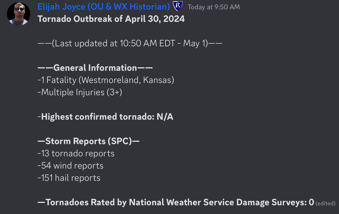 Here are the current stats from the *Tornado Outbreak of April 30, 2024*. Last updated at 10:50 AM EDT on May 1, 2024 #okwx #kswx #txws #wxtwitter #tornado #tornadoes