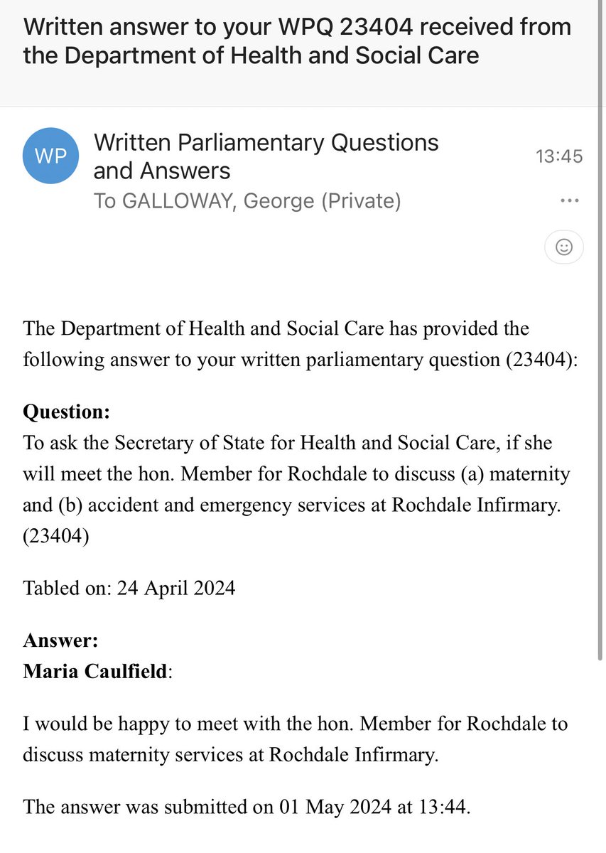 🚨 BREAKING: I have today secured a meeting with the Health Minister Maria Caulfield about reinstating maternity services at Rochdale Infirmary. Watch this space… #RochdaleRevival