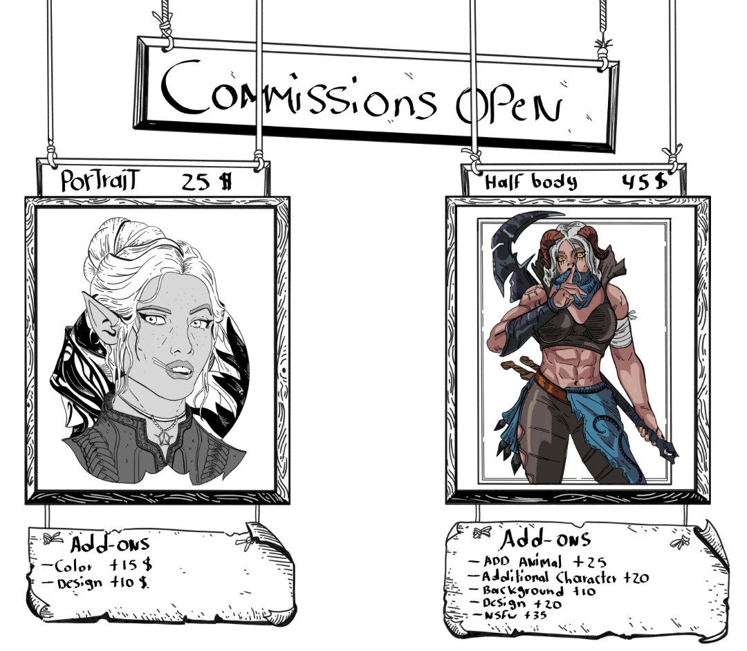 Hi everyone! I have finally decided to open commissions for the first time, they are available in ko-fi (link in bio). I have been Practicing a lot with Daggerheart species, through the week I will publish my studies!

#commissionsopen #Commission #daggerheart #DnDcharacter