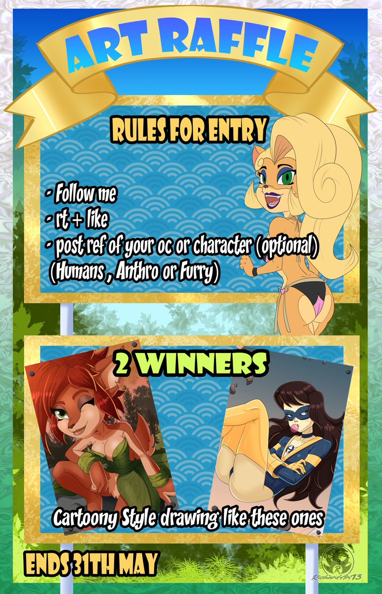 Art Raffle

⭐️Rules for entry
- Follow me
- rt + like
- post ref of your oc or character (optional)
(Humans, Fantasy, Anthro or Furry)

⭐️2 Winners of a cartoony style drawing

‼️End 31th May ‼️