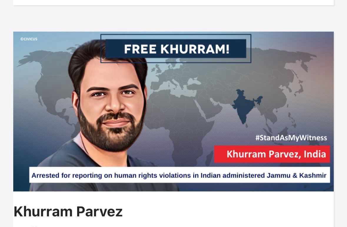 In 2022, CIVICUS included Khurram Parvez in their STAND AS MY WITNESS campaign, asking all of us to add our voices to call for the release of HRDs incarcerated for speaking out. Here's the link on the ways to take action: 
civicus.org/index.php/invo…