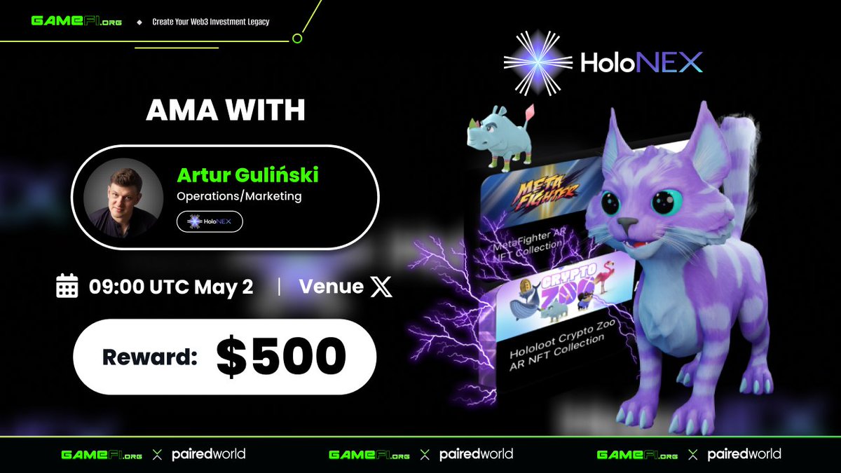 GameFi.org x HoloNex: Transform imaginative ideas into AR 🔥 💰 Reward: $500 ⏰ 09:00 UTC May 2 📍 Set reminder here: x.com/i/spaces/1rdxl… Host: Go - GameFi.org Guest: Artur Guliński - Operations/Marketing Rules: 1. Like, repost, comment 01…
