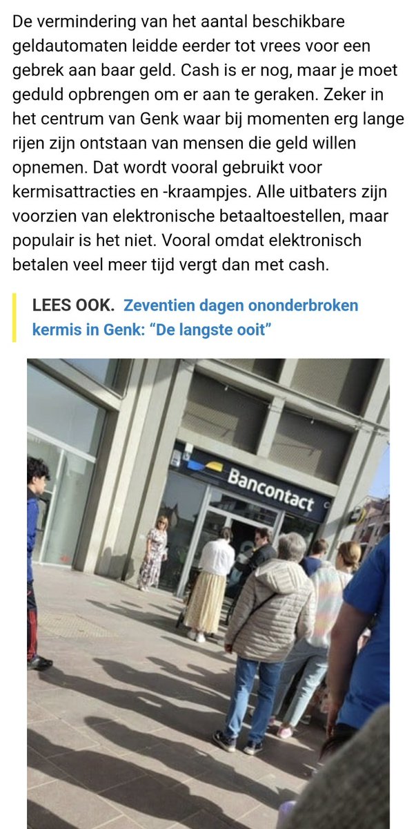 Lange rijen aan cashpunt van Batopin in Genk-Centrum
Het decimeren van geldautomaten in Limburg vertaalt zich in lange wachtrijen. Die zijn te zien tijdens de jaarlijkse Meifeesten aan het cashpunt van Batopin in het centrum van Genk.

#cashgeld
#cashless