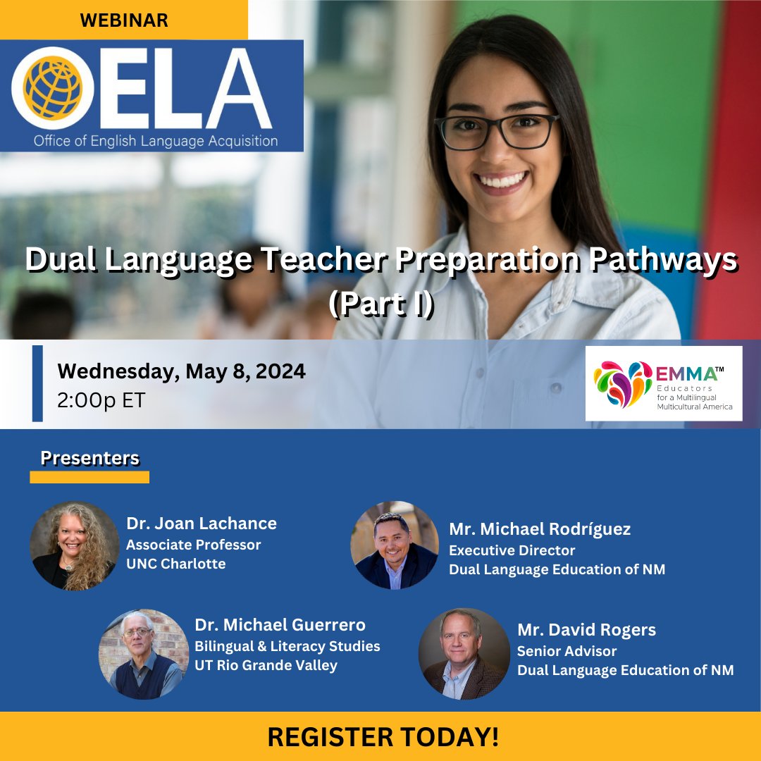 🗓️ May 8 | Register for 'Dual Language Teacher Preparation Pathways - Part 1.' This webinar will explore evidence-based state and local programs that enhance educator workforce capacity and preparation for multilingual educators. Register TODAY: ow.ly/VvE550RkKZB