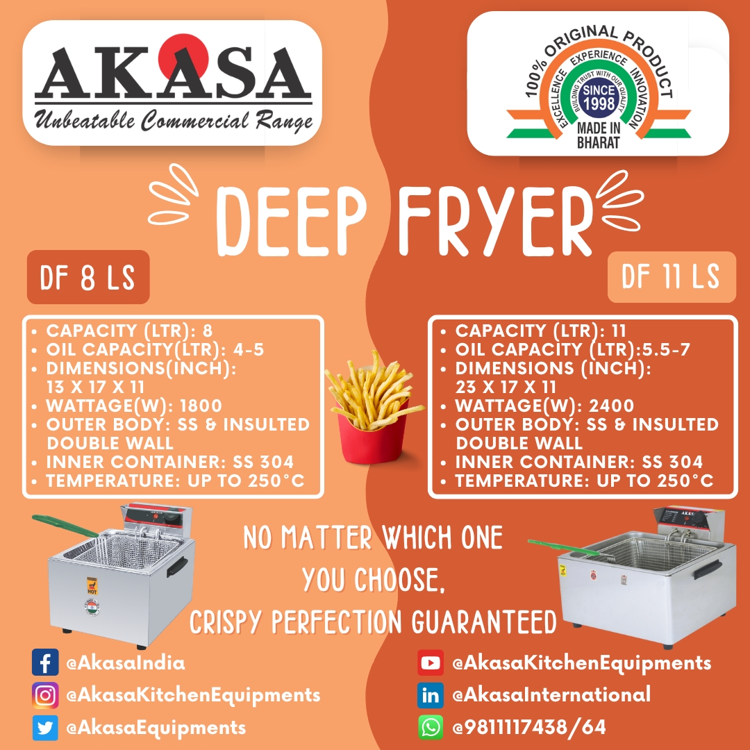 Indulge in crispy perfection with #Akasa's quick-heating #DeepFryer options: the DF 8 LS or DF 11 LS! #MadeinIndia🇮🇳 for lasting durability and unrivaled performance

For superior quality and effortless functionality:
📞 Call or WhatsApp: 9811117438
#AkasaIndia #KitchenEquipment