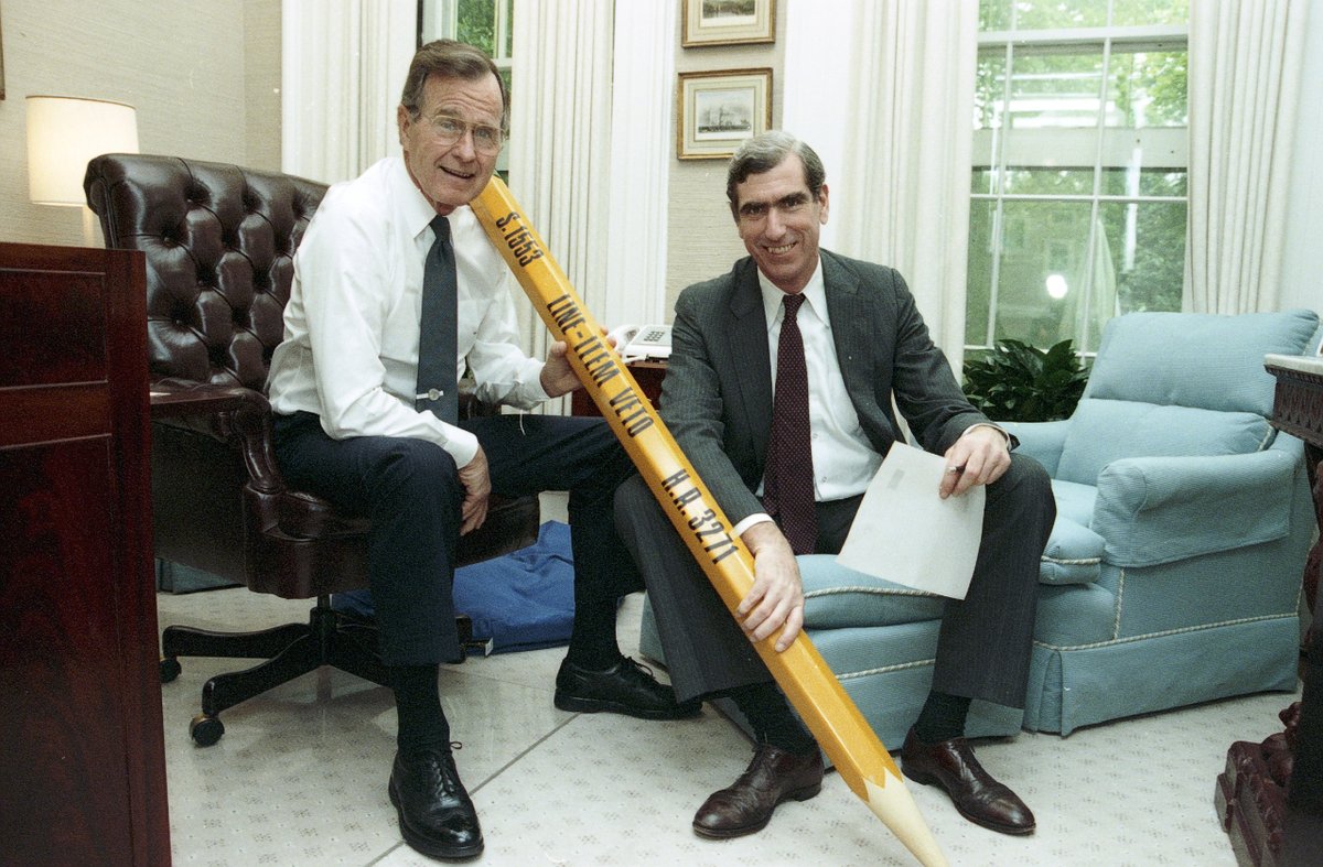 President Bush and Boyden Gray are in the Oval Office study and they hold a giant pencil that has 'S.1553 Line Item Veto H.R. 3271' written on it.
04 May 1990
Photo credit: George Bush Presidential Library

#bush41 #bush41library #bush41museum