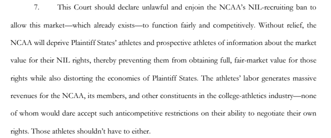 Looks like Florida, New York, and Washington DC have joined Tennessee and Virginia's lawsuit against the NCAA's bans on pre-enrollment discussions with NIL collectives, per an amended complaint filed this morning.