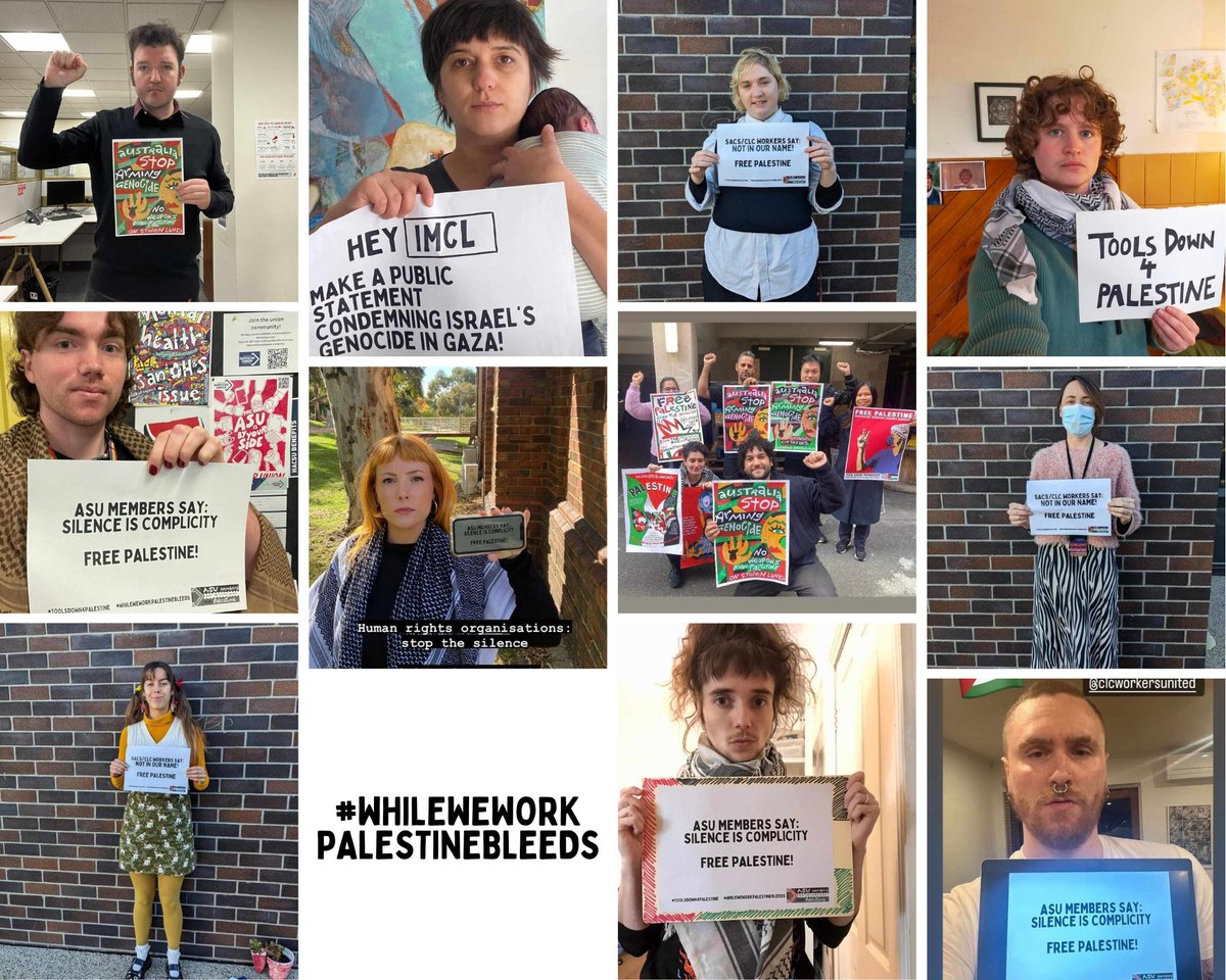 This May Day 2024 rank-and-file @ASU_VicTas members took 30min unprotected industrial action for Palestine. #toolsdownforpalestine Workers took photos calling on their employers to make public statements condemning Israel's genocide in Gaza 🇵🇸✊️ (1/2)