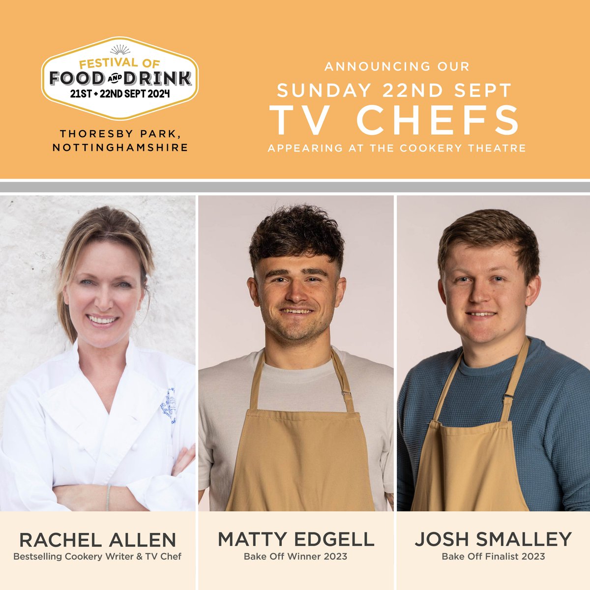 FestivalofFood&Drink (@festoffood) on Twitter photo Our first line up of TV chefs!
Taking to the stage on Sunday 22nd Sept will be two <a href="/BritishBakeOff/">British Bake Off</a> stars from the 2023 series; winner Matty Edgell and runner-up Josh Smalley, along with best selling cookery writer Rachel Allen! Buy your tickets now rb.gy/90crlc Our first line up of TV chefs!
Taking to the stage on Sunday 22nd Sept will be two <a href="/BritishBakeOff/">British Bake Off</a> stars from the 2023 series; winner Matty Edgell and runner-up Josh Smalley, along with best selling cookery writer Rachel Allen! Buy your tickets now rb.gy/90crlc