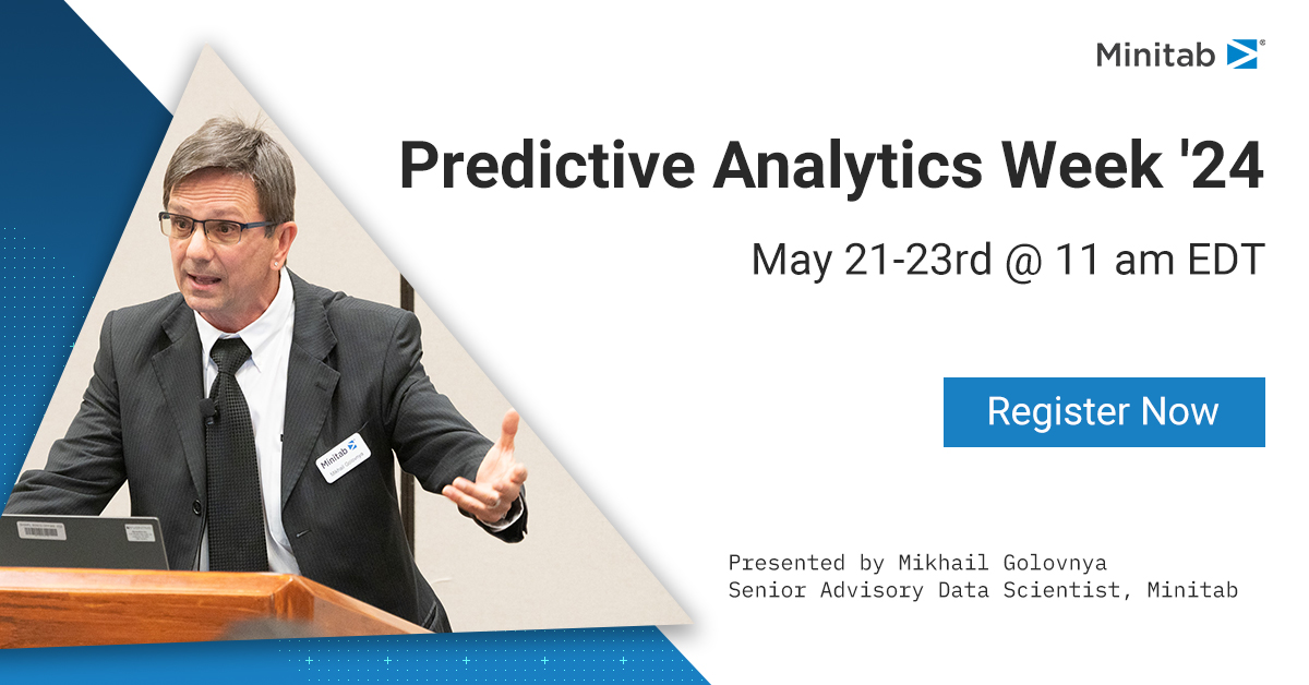 Learn about the benefits of Predictive Analytics with our yearly webinar series presented by Minitab’s Senior Advisory Data Scientist, Mikhail Golovnya. 📊 Register now: 4wrd2.com/qKXfgGV #Minitab #PredictiveAnalytics #Webinar