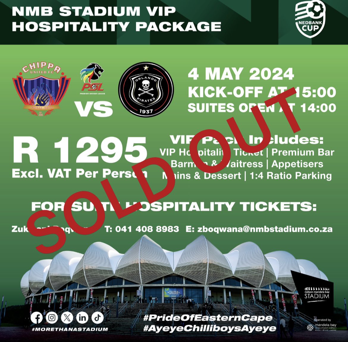 VIP Hospitality tickets for the Nedbank Cup Semifinal are officially sold out. 

Thank you to everyone for the support, Saturday we rock n roll 😎

#ourstadium #NedbankCup #Gqeberha