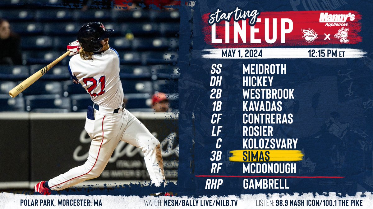 Let's have a day! 🆚 @IronPigs 📍 Worcester, MA ⏰ 12:15pm ET 📺 NESN / Bally Live / MiLB.TV 📻 @NashIcon989 / @100FMthePIKE