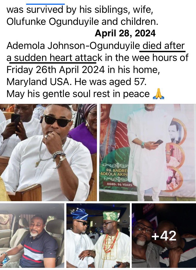 “Ademola died after a sudden heart attack in his home.”
(April 2024)

#fullyvaccinated #DiedSuddenly