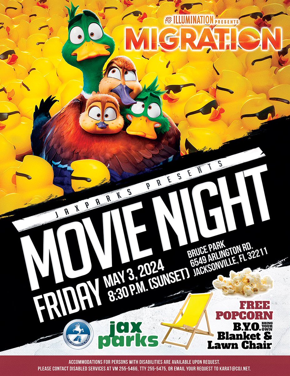 Bring your blankets and chairs 📽️ @jaxparks Movie Night continues this Friday, May 3rd with a FREE showing of 'Migration' at Bruce Park (6549 Arlington Rd). The movie starts at 8:30pm - Free popcorn while it lasts. See you there!