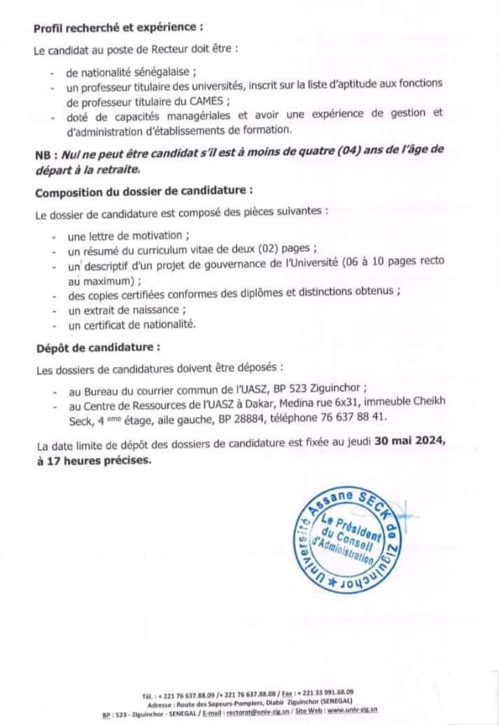 Appel à candidature pour le recteur de l'Université de Ziguinchor ⬇️