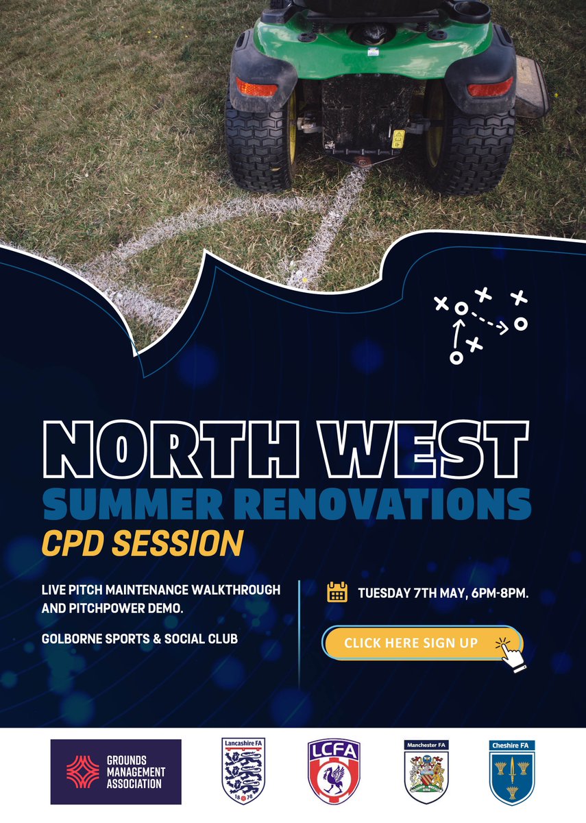 We're hosting a Summer Renovations CPD Session for Grounds Teams across the North West, in partnership with @Manchester_FA, @Cheshire_FA & @Liverpool_CFA. 📅 Tues 7 May ⏰ 6-8pm 🏟️ Golbourne Sports and Social Club 💷 Free 🔗 Sign Up Here ➡️ bit.ly/3U5XxVV