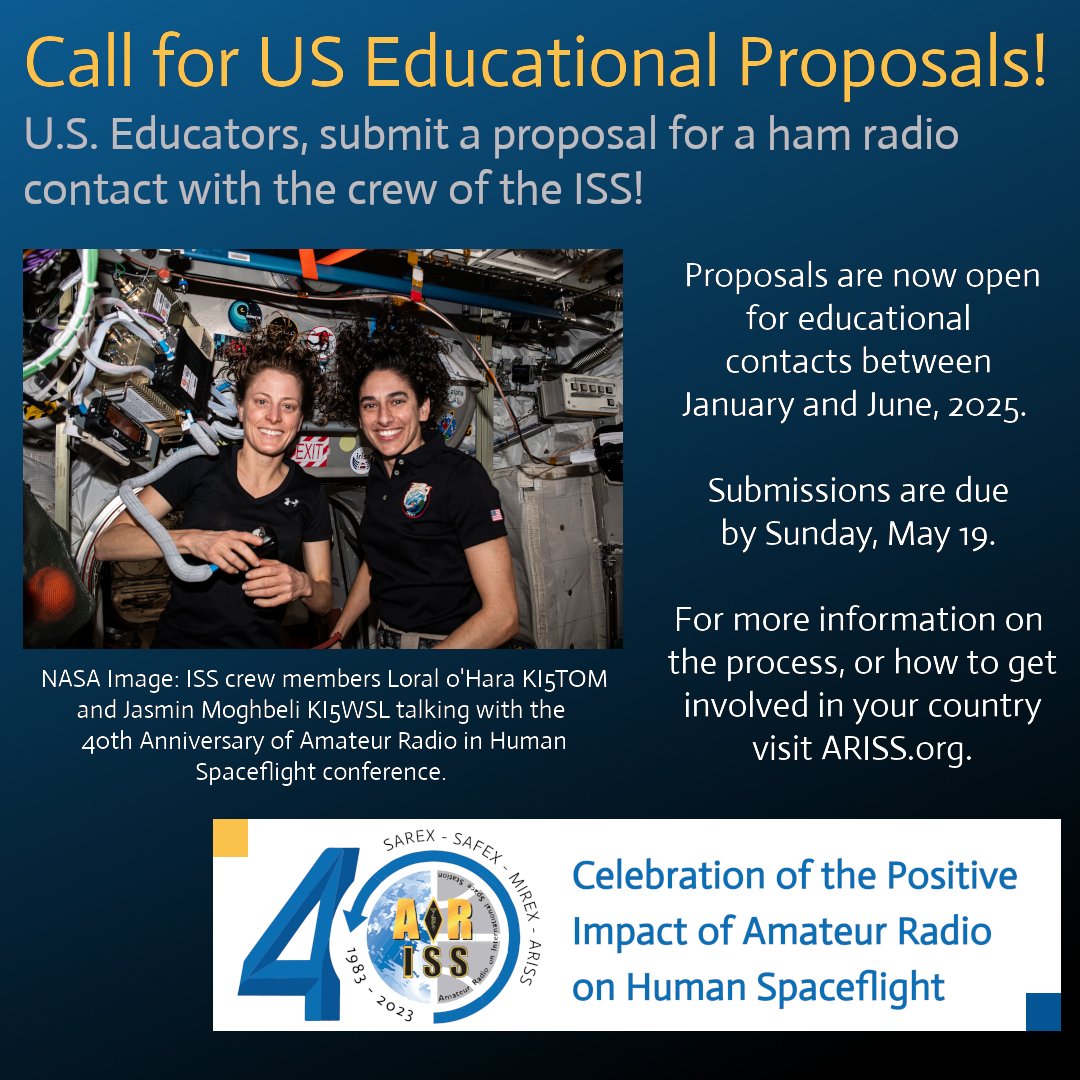 US schools and educational groups (science museums, scouts, you know...) be aware that the proposal window is OPEN for contacts in the first half of 2025. Get your proposals in by May 19 for a chance at an #AmateurRadio contact with an astronaut LIVE from the ISS!