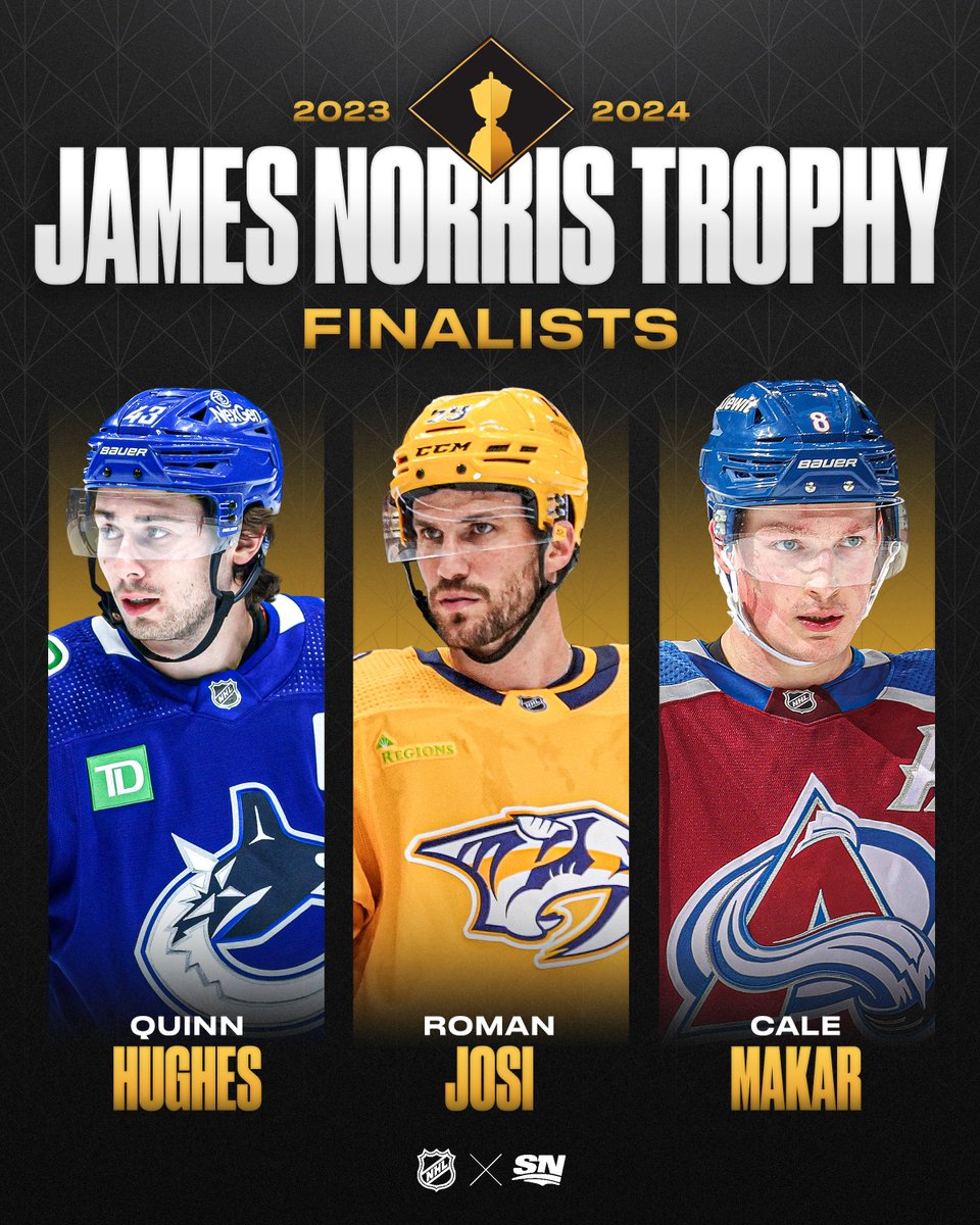 Quinn Hughes, Roman Josi and Cale Makar are the 2023-24 Norris Trophy finalists! 👏