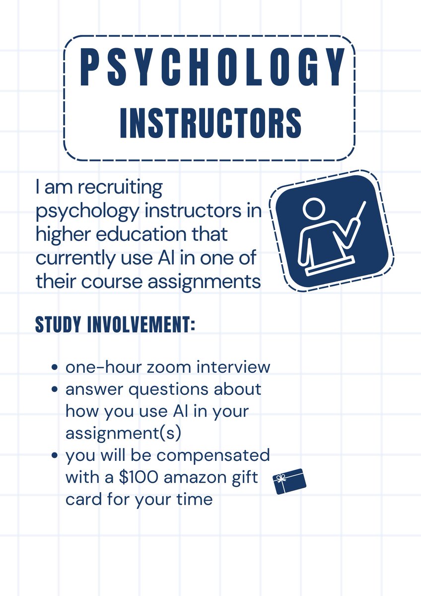 Hi folks! I am recruiting current psych instructors that have implemented at least one assignment in their class this past year that includes the use of AI. I am in the recruiting phase right now so please fill out this form if you are interested!
