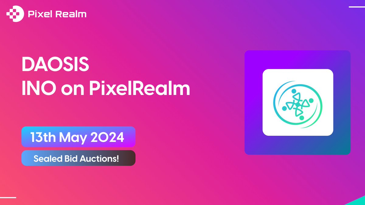 🔥 @Daosis_Official INO to Launch on PixelRealm! 🔥 We’re thrilled to announce our latest partnership with Daosis who will #INO on PixelRealm with Sealed Bid Auction! 🌊 We together aim to conduct a Sealed Bid Auction for 20 exclusive NFTs that grant access to the Tier Sapphire…