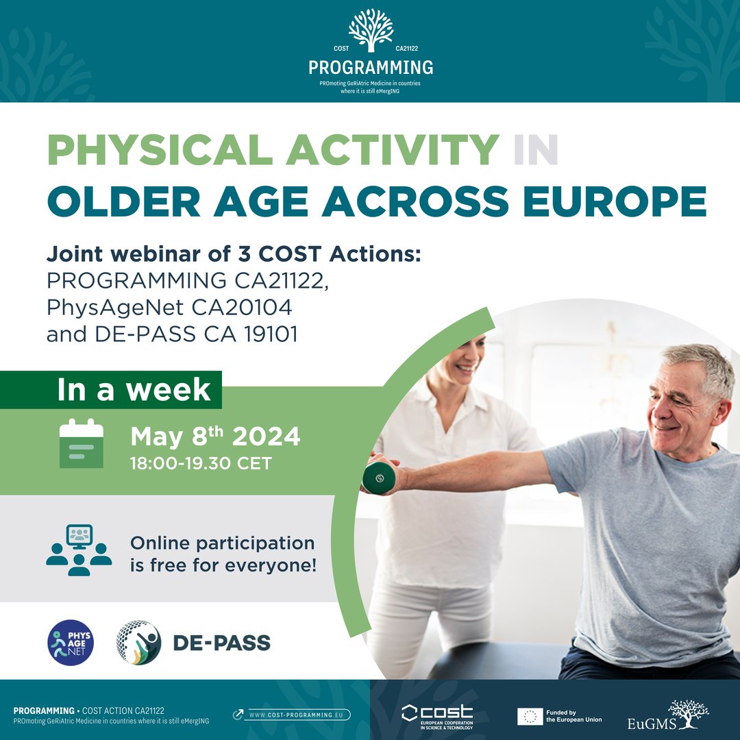 🔔 It’s in a week! 🌳🌐 Join the 3 COST Actions webinar on May 8th 2024 (18:00-19.30 CET). Come debate physical activity in #olderage across Europe! 
#COSTactions #ScienceWithoutBorders
 @COSTprogramme