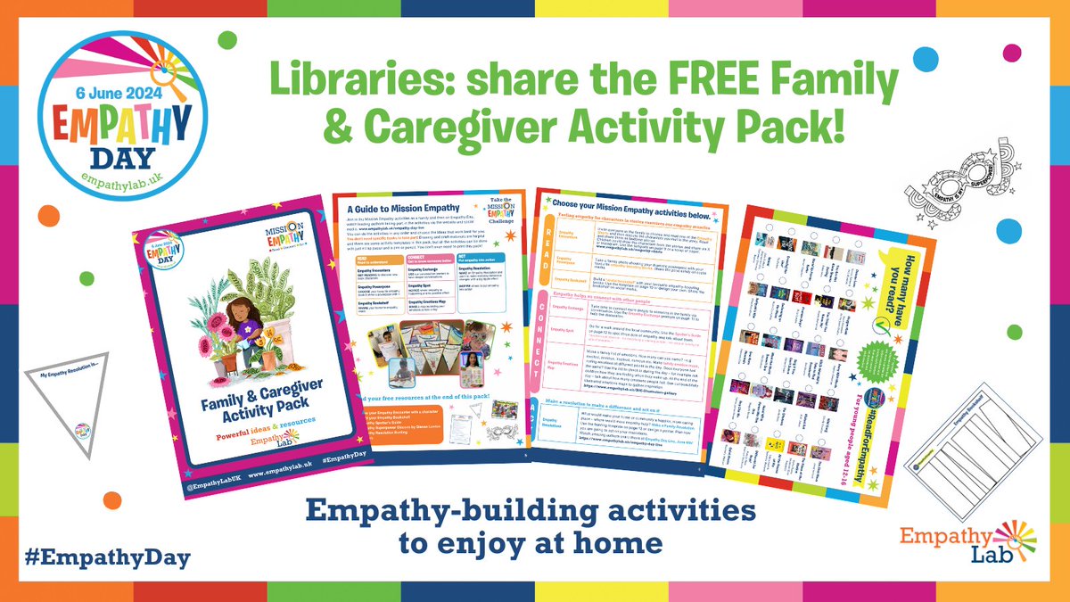 Public Libraries, our Family & Caregiver Activity Pack is out now! Enrich your important empathy work by sharing this FREE paperless guide. It’s got fun, creative resources to help young people get ready for #EmpathyDay at home 🌟 Download: empathylab.uk/family-activit…