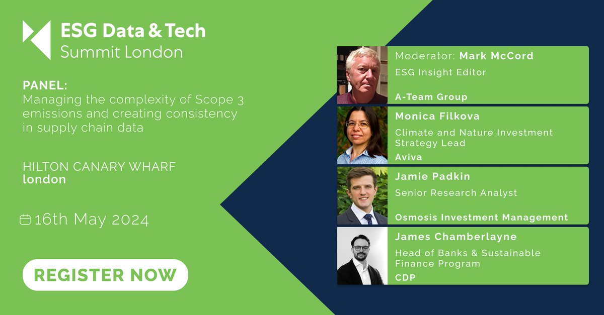 Join us for this panel on managing the complexity of Scope 3 emissions and creating consistency in supply chain data at #ESGSummit on 16th May with speakers from A-Team Group,  @AvivaUK Osmosis Investment Management & @CDP

a-teaminsight.pulse.ly/uxi2q0auqa

#ESGSummit #ESG #GHG #scope3