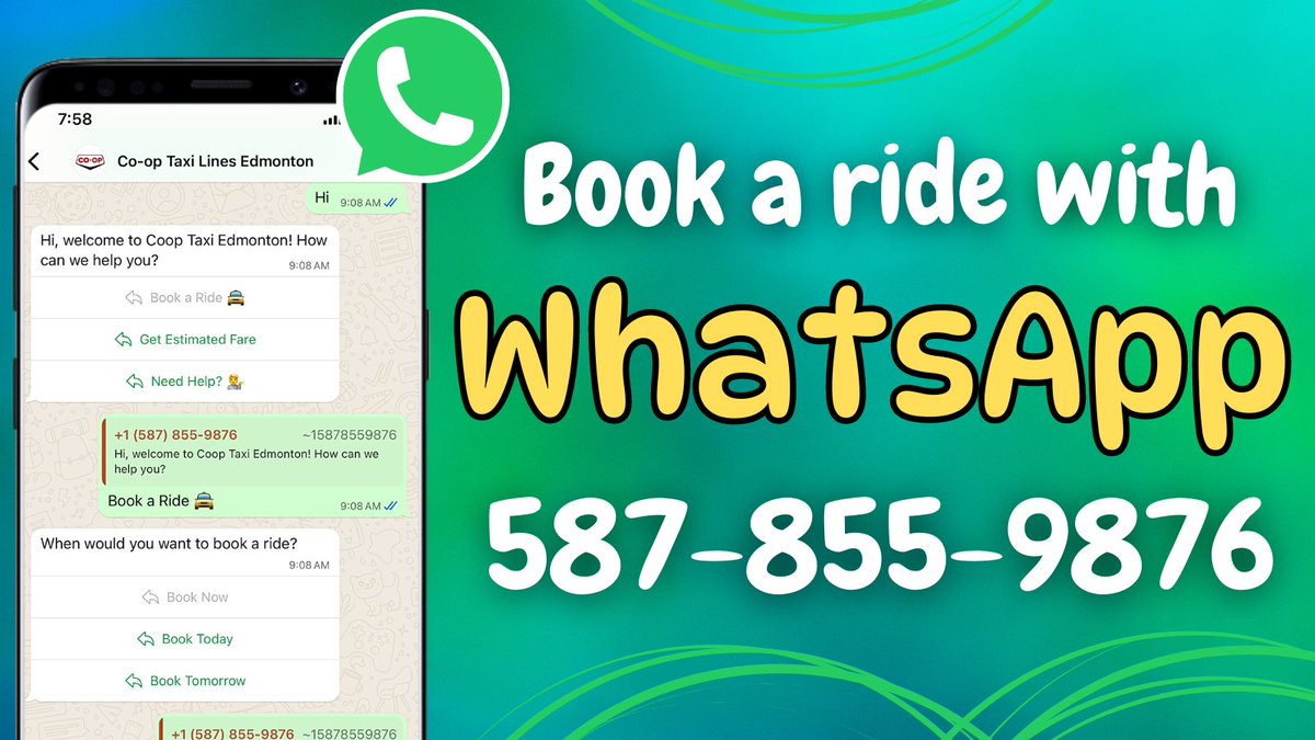 🎉 Big news! Co-op Taxi Edmonton is excited to announce our latest booking feature: WhatsApp! Now you can book your rides effortlessly by simply sending a message to 587-855-9876. Experience the ease of WhatsApp booking today! #WhatsAppBooking #EffortlessRides #CoopTaxi #Edmonton