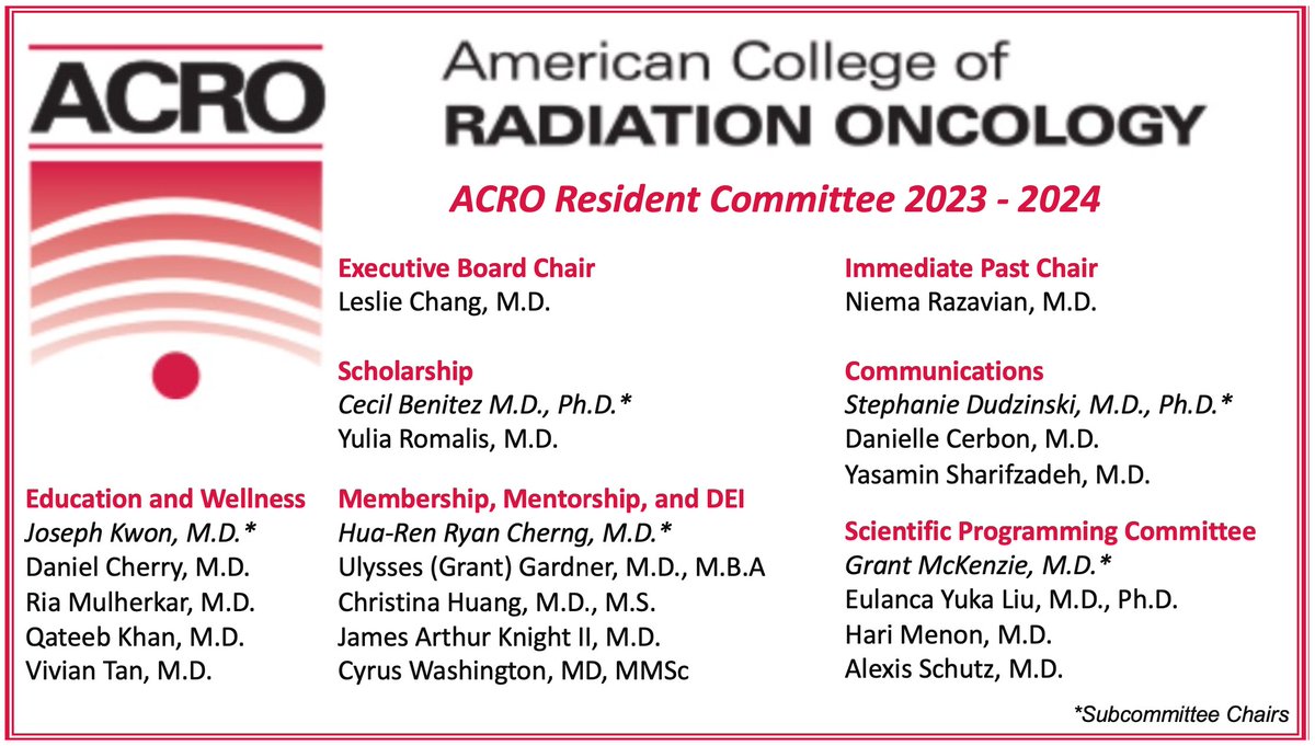 In case you forgot what awesome #radonc residents we have on our @ACRORadOnc resident committee.....feel free to reach out to reach out to any of us to learn more! @LeslieChangMD @RadOncDoc_Niema @cecilb2 @StephDudzinski @GrantMcKenz @hrcherng @JosephKwonMD @MulherkarRia